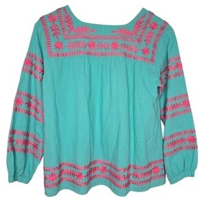 J. Marie Women's Green Pink Cottage Core Embroidered Peasant Top Size XS